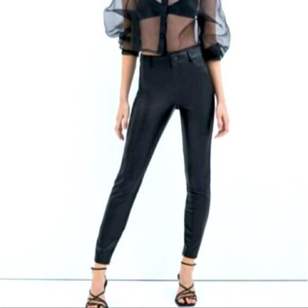 Zara Black Hi-Rise Faux Leather Side Zip Shabby Chic Skinny Pants Size Small